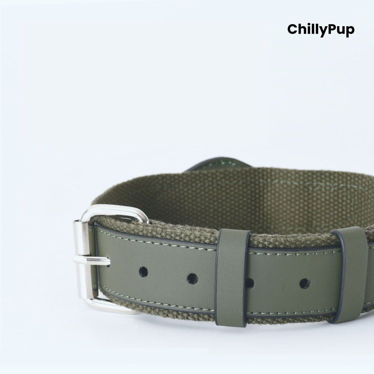 Green AirTag dog collar with a metallic clasp on a white background, branded 'ChillyPup'.