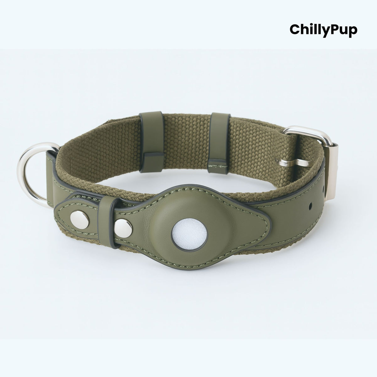 Green AirTag dog collar with a metallic clasp on a white background, branded 'ChillyPup'.