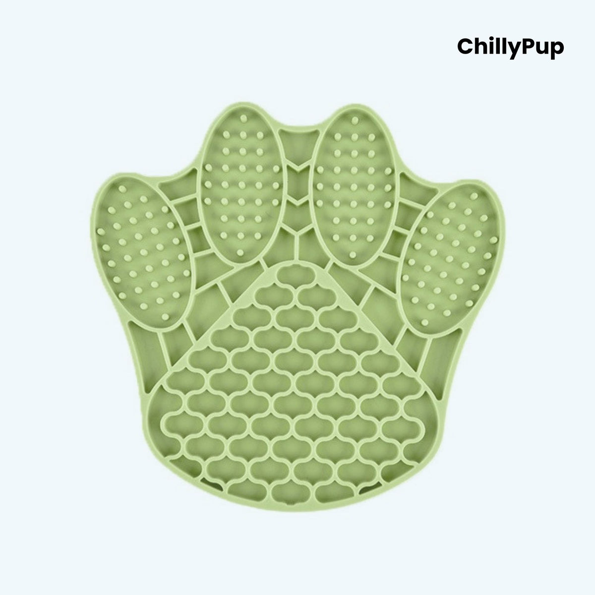 Green paw-shaped silicone mat with textured surface on a light blue background, branded 'ChillyPup'.