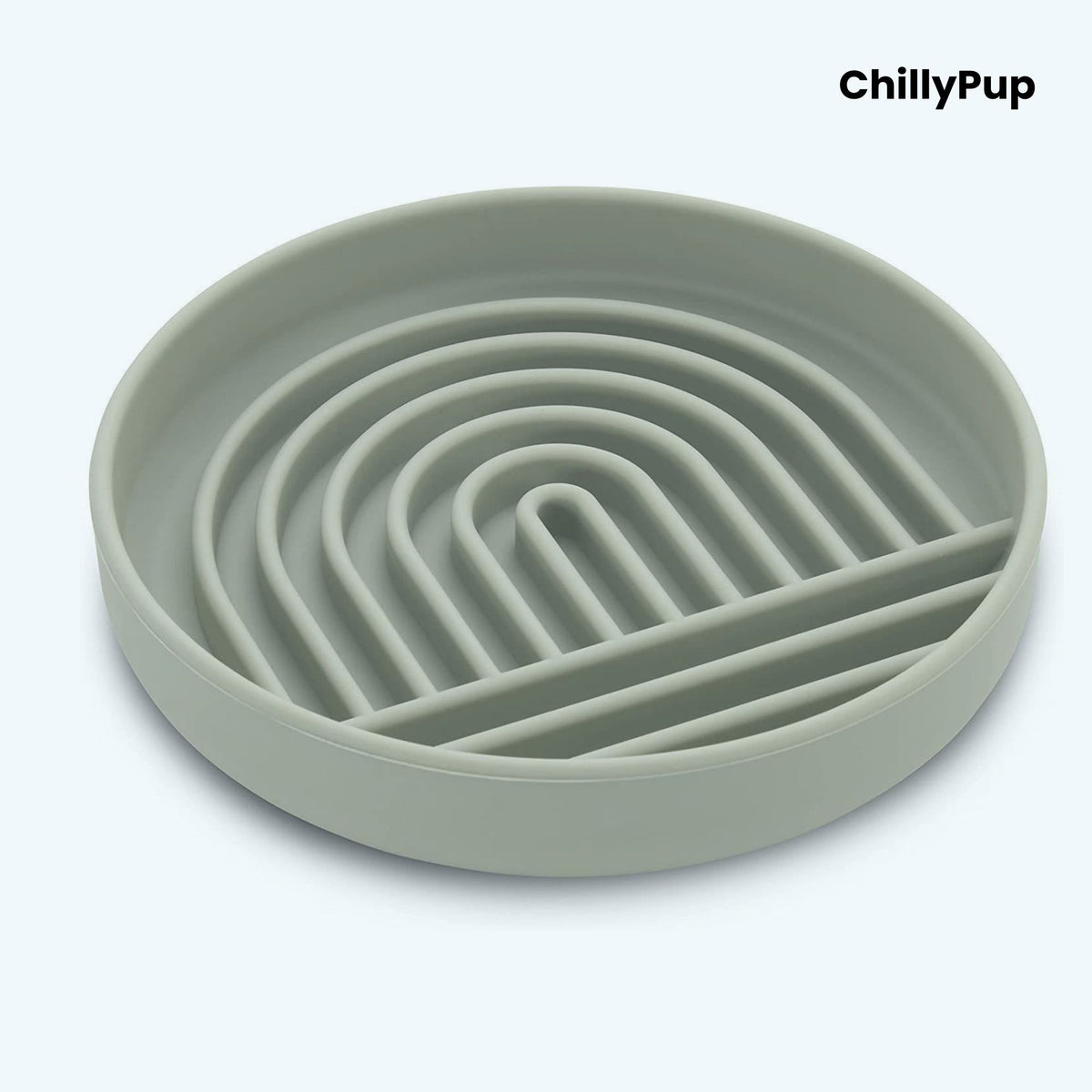 Green silicone bowl with wavy design on a white background, branded 'ChillyPup'.