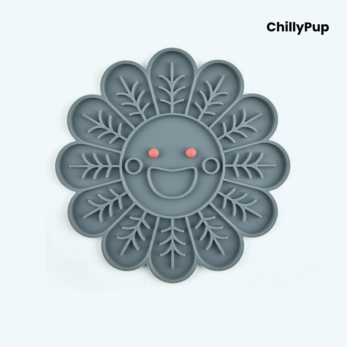Grey pet lick mat with a smiling face design on a white background, branded 'ChillyPup'.