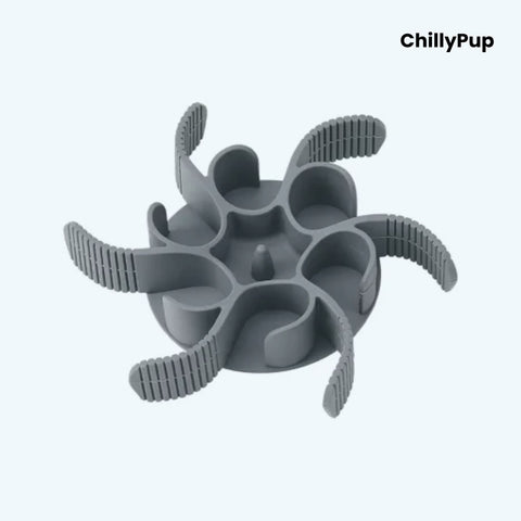 Grey silicone dog bowl slow feeder on a white background, branded 'ChillyPup'