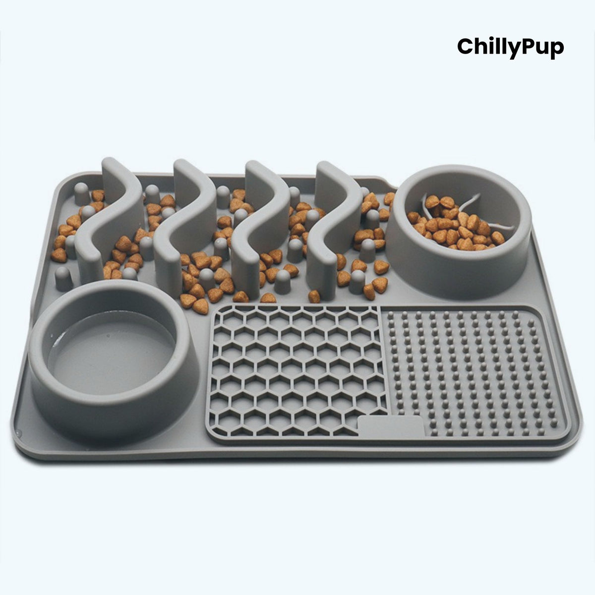 Grey pet feeding mat with two bowls  on a light grey background, branded 'ChillyPup'.