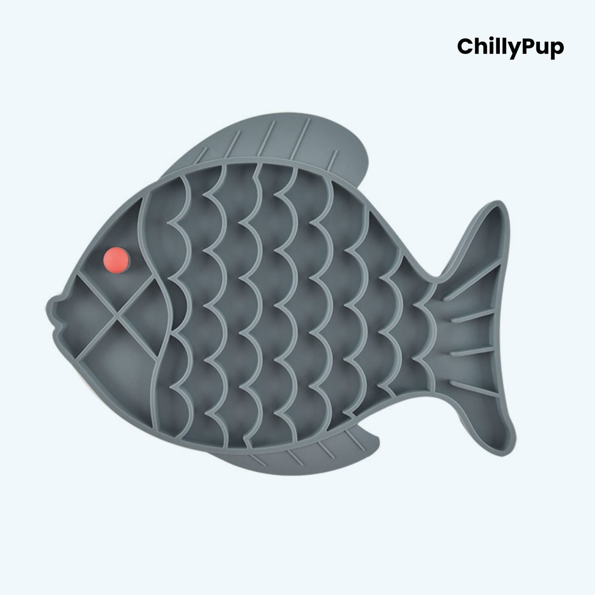 Grey fish-shaped pet lick mat with a red dot on a white background, branded 'ChillyPup'.