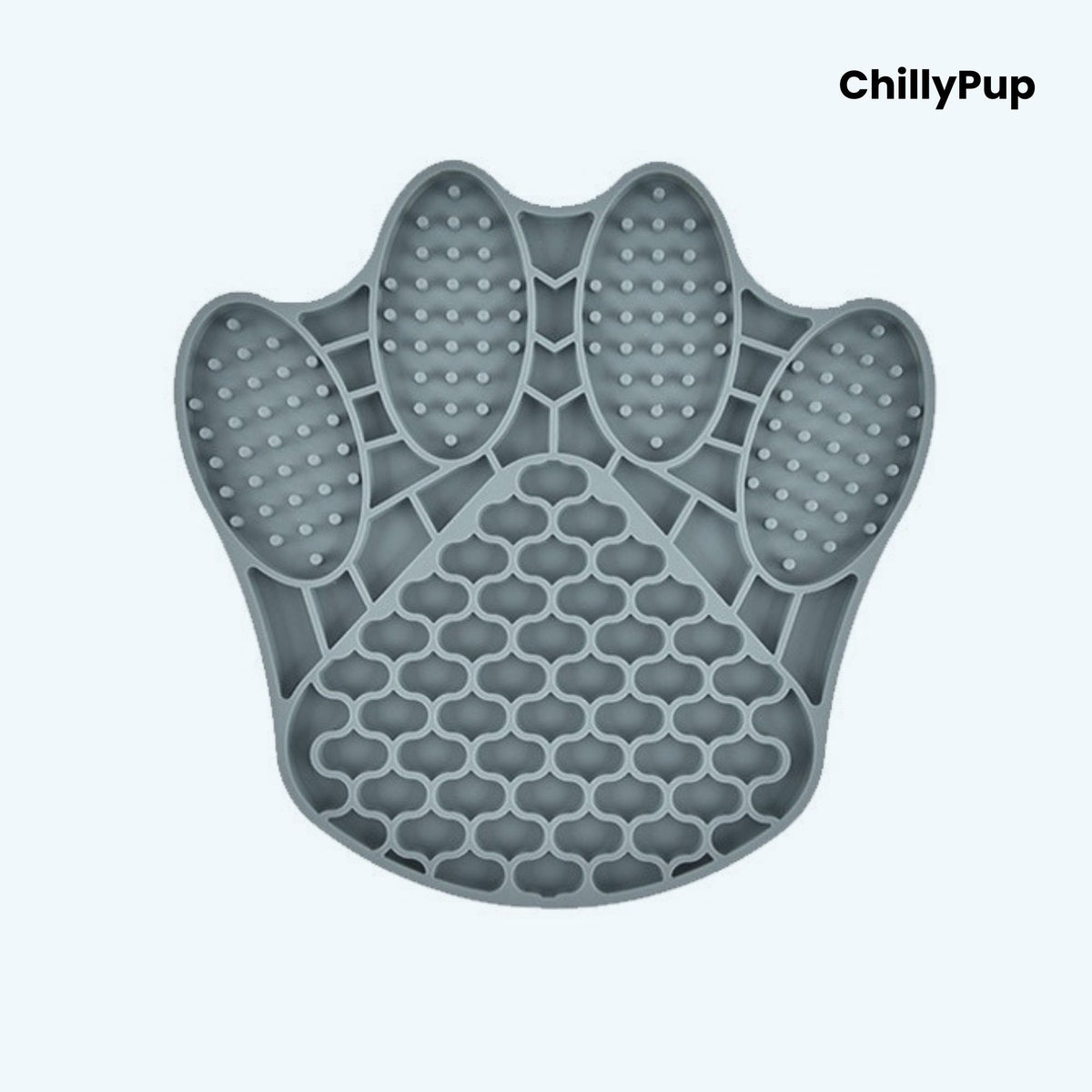 Grey paw-shaped silicone mat with textured surface on a light blue background, branded 'ChillyPup'.