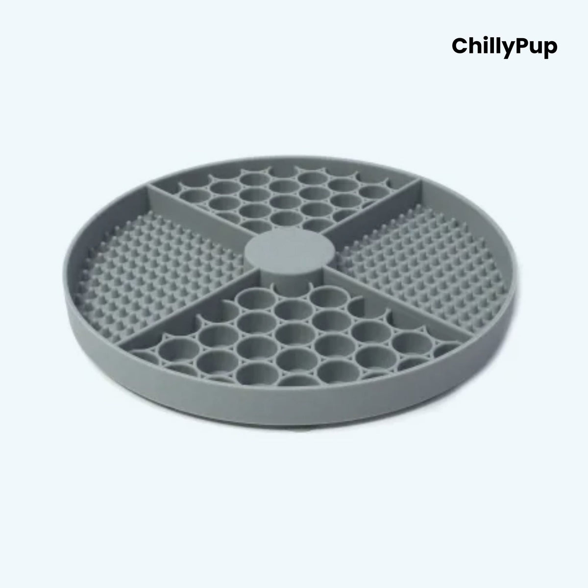 Grey silicone mat with honeycomb pattern on a white background, branded 'ChillyPup'.