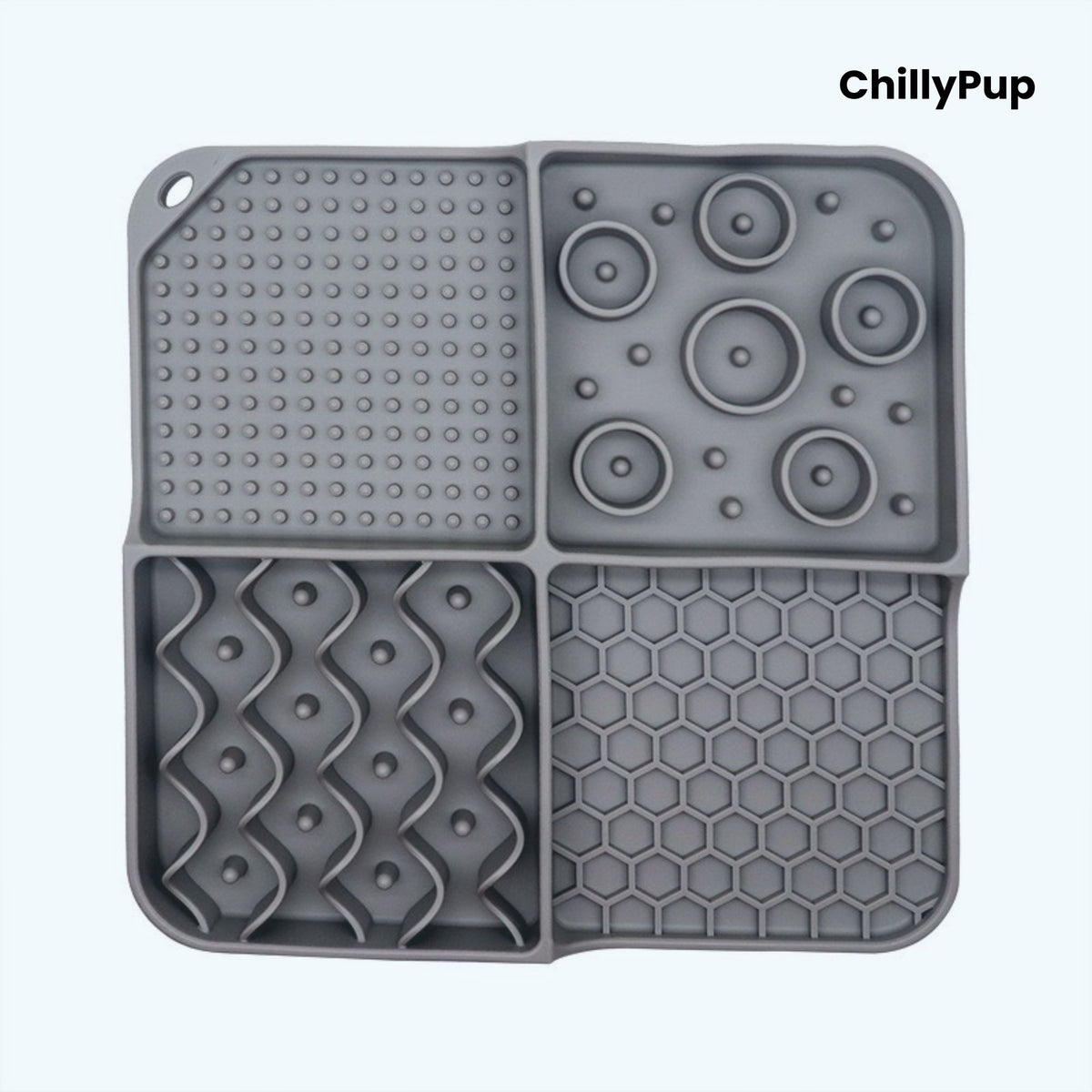 Grey silicone mat with various textured patterns on a white background, branded 'ChillyPup'.