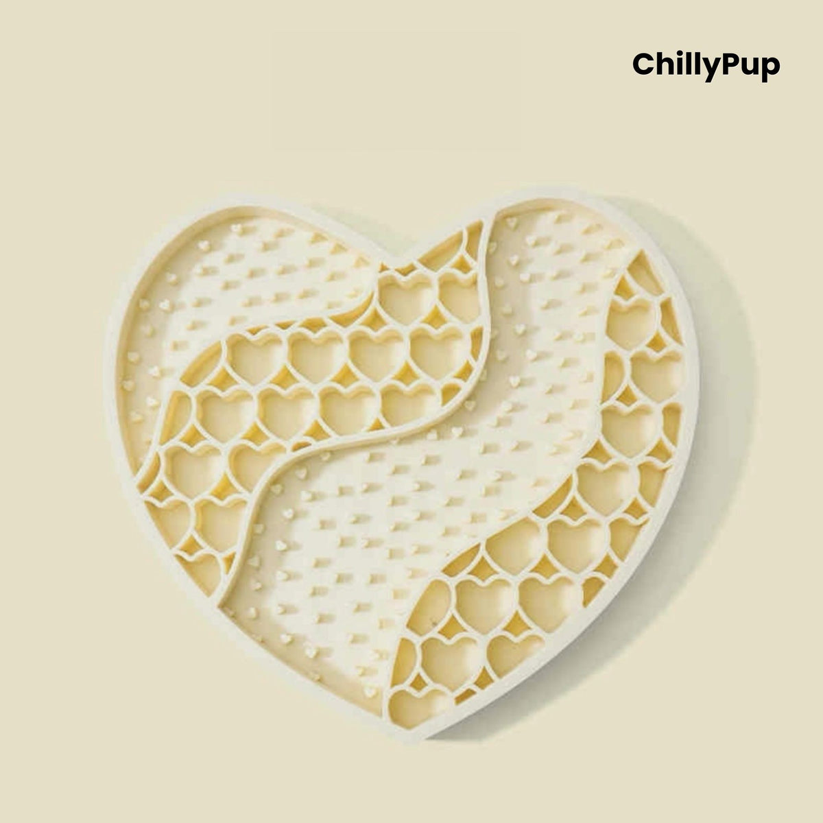 Heart-shaped purple dog lick mat with textured surface on a light gray background, branded 'ChillyPup'.