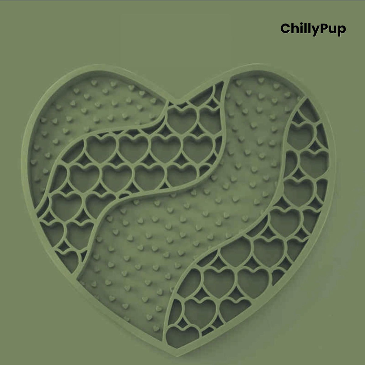 Heart-shaped purple dog lick mat with textured surface on a light gray background, branded 'ChillyPup'.