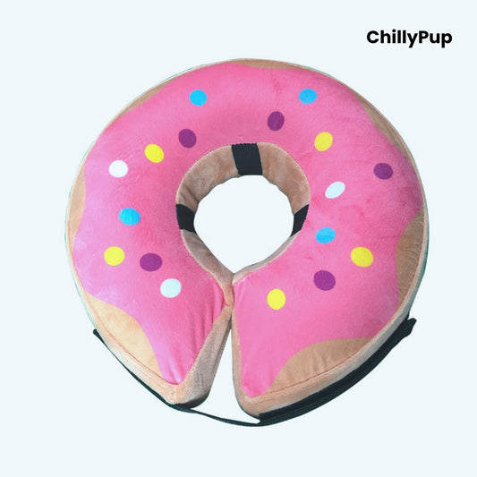 Doughnut-shaped pet cone with colourful sprinkles on a white background, branded 'ChillyPup'.