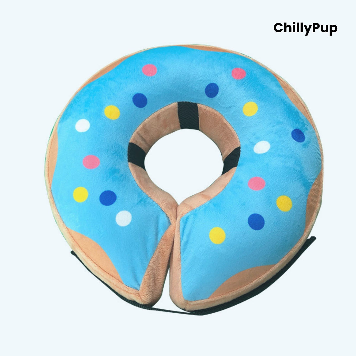 Doughnut-shaped pet cone with colourful sprinkles on a white background, branded 'ChillyPup'.