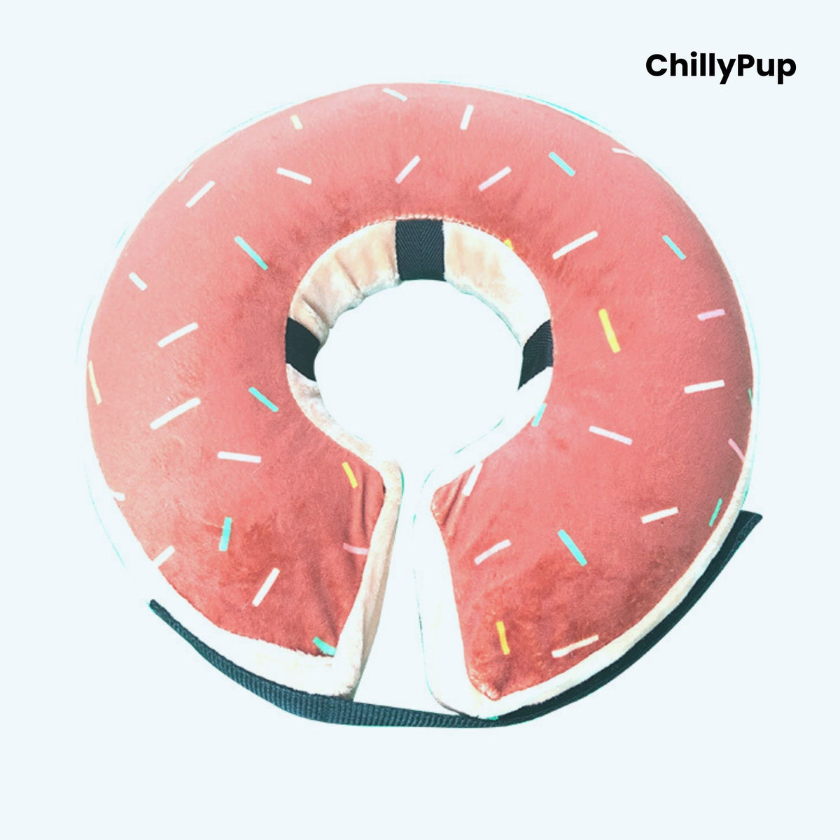 Doughnut-shaped pet cone with colourful sprinkles on a white background, branded 'ChillyPup'.
