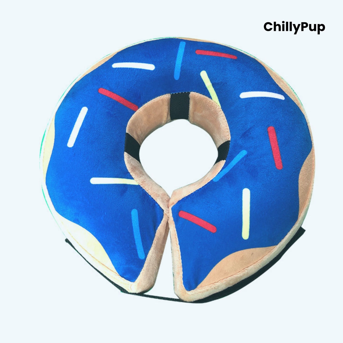 Doughnut-shaped pet cone with colourful sprinkles on a white background, branded 'ChillyPup'.