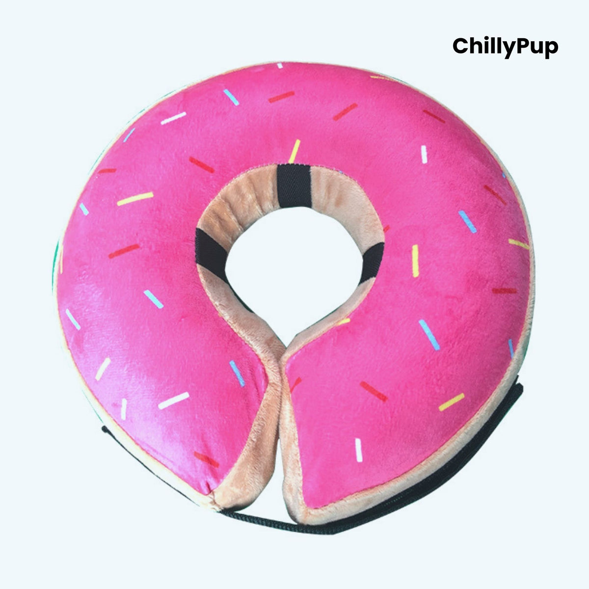 Doughnut-shaped pet cone with colourful sprinkles on a white background, branded 'ChillyPup'.