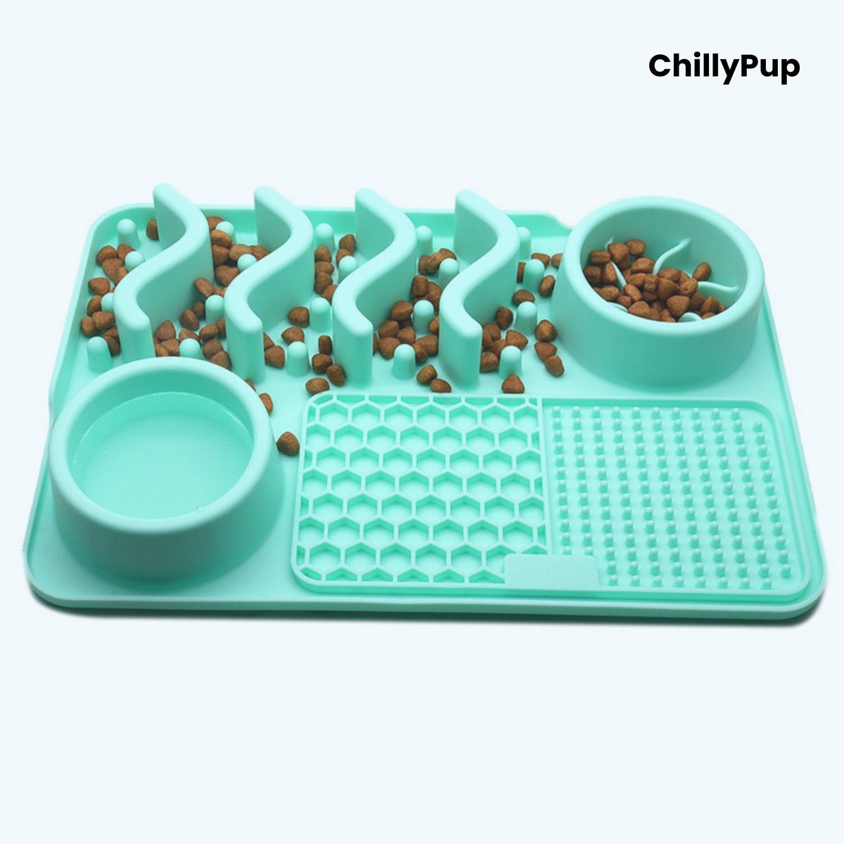 Light Blue pet feeding mat with two bowls  on a light grey background, branded 'ChillyPup'.
