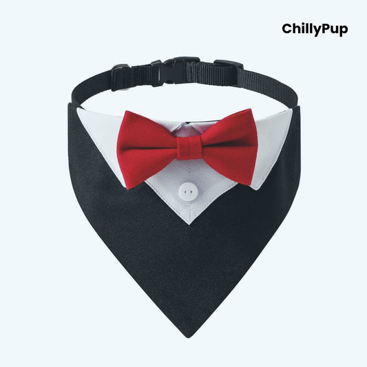 Luxury Dog Tuxedo Bandana with Bow Tie on a white background with Chillypup branding