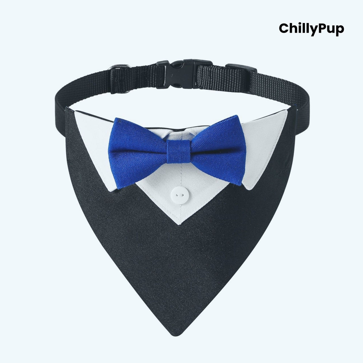 Luxury Dog Tuxedo Bandana with Bow Tie on a white background with Chillypup branding