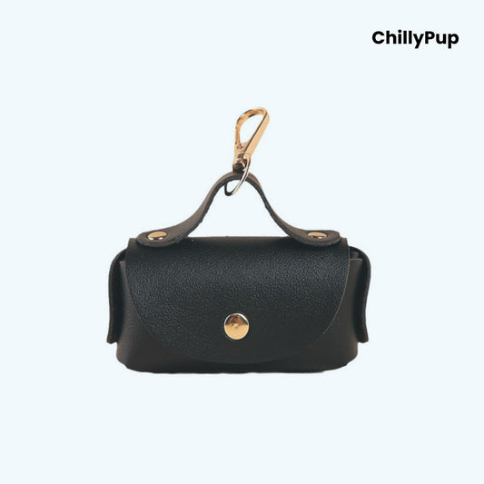 Black Luxury Leather Poo Bag Holder on a white background with ChillyPup branding.