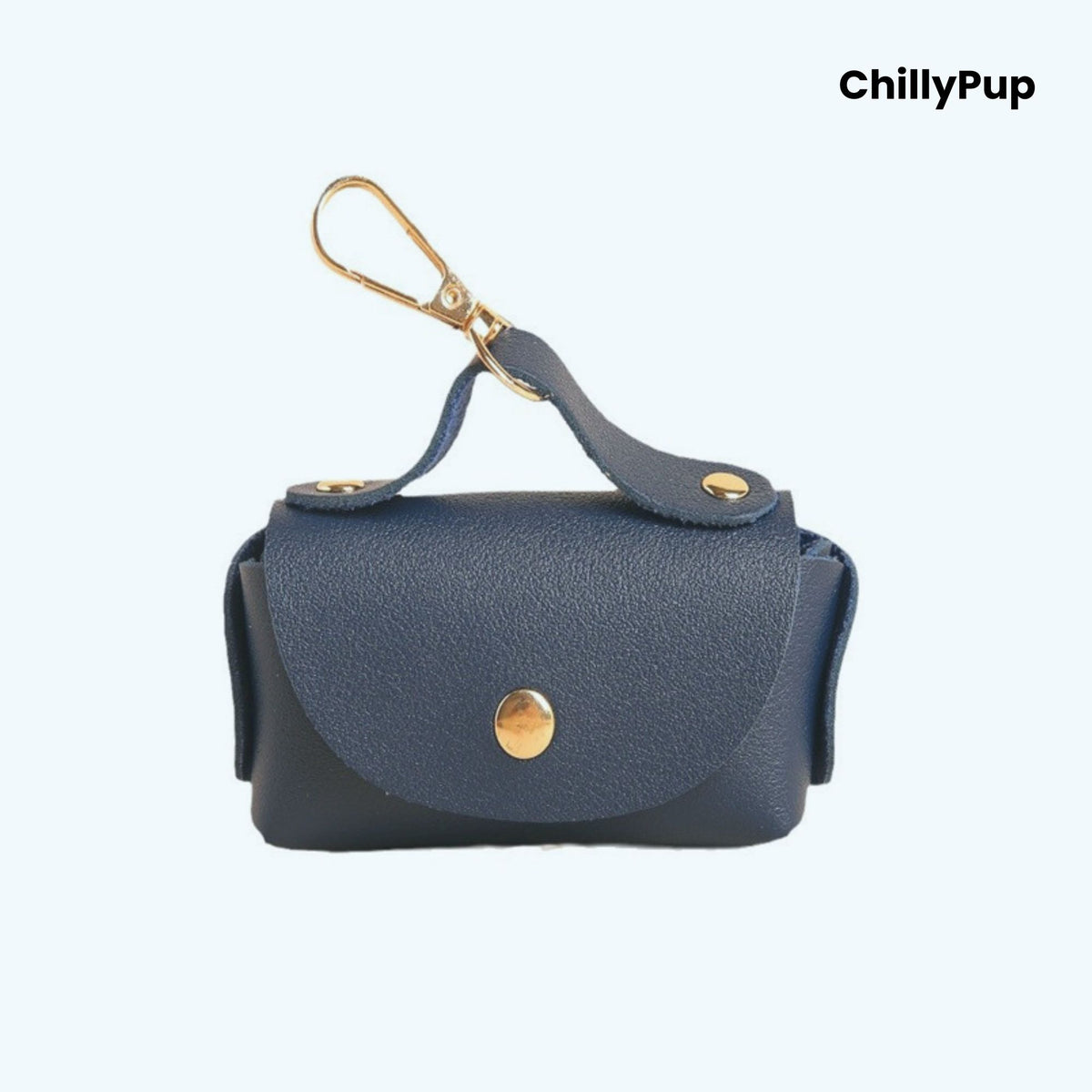 Dark blue Luxury Leather Poo Bag Holder on a white background with ChillyPup branding.