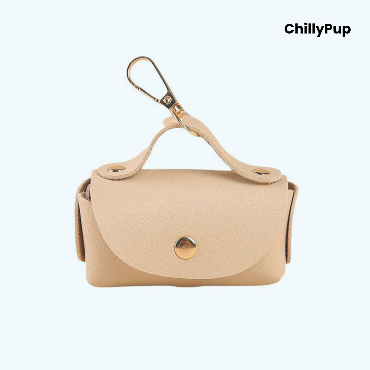 Beige Luxury Leather Poo Bag Holder on a white background with ChillyPup branding.
