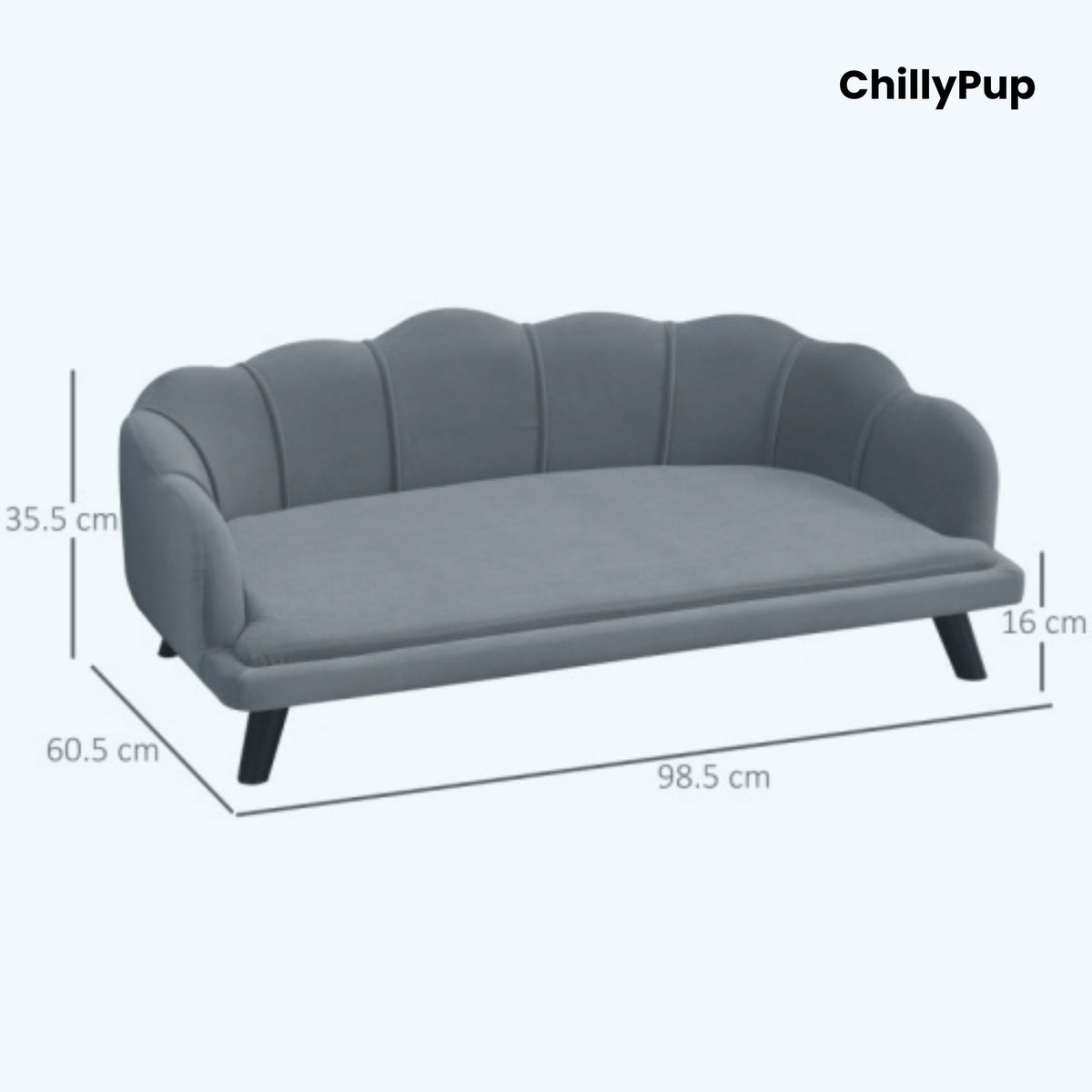 Grey pet bed with scalloped edges on a white background, branded 'ChillyPup'.