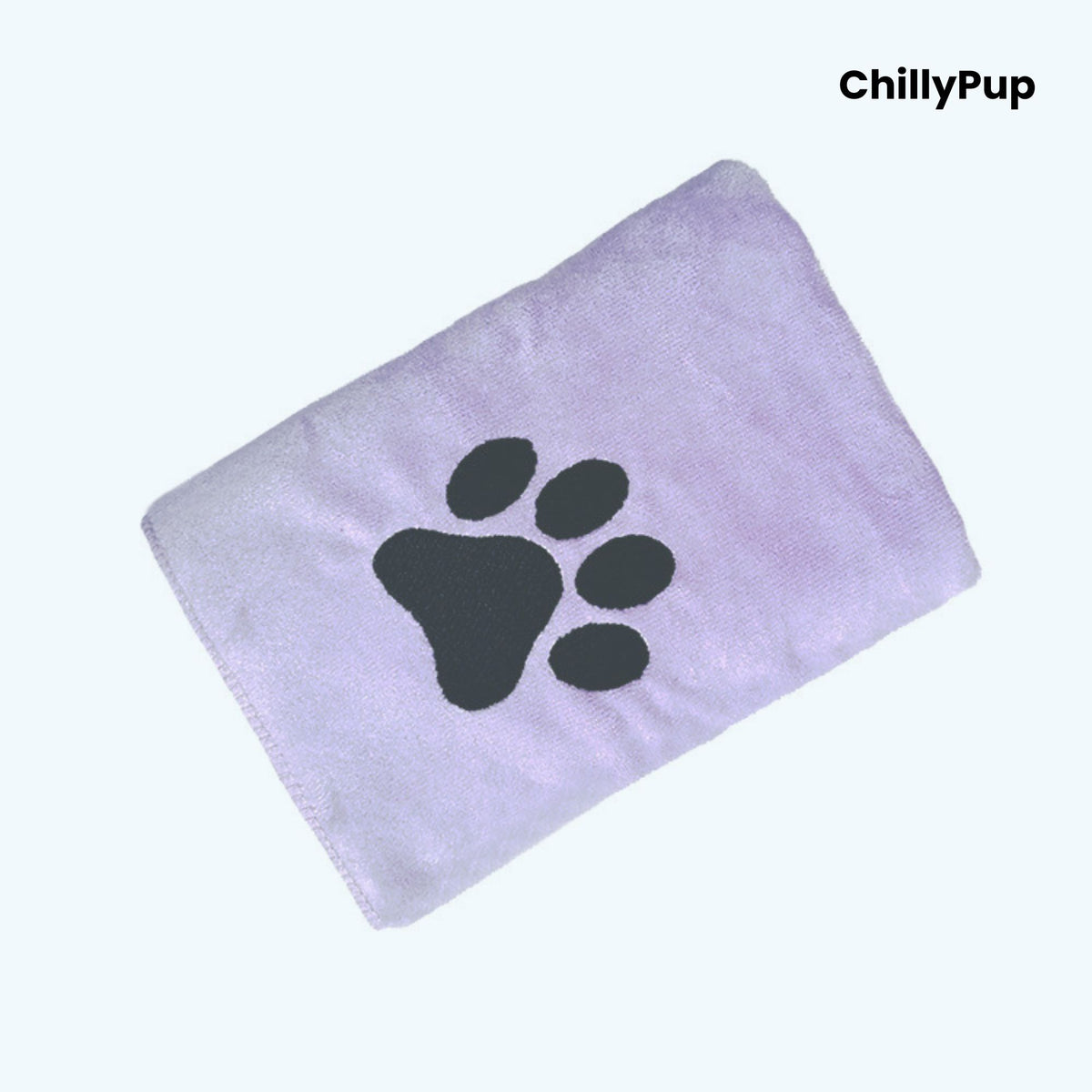 Purple towel with black paw print logo a white background, branded 'ChillyPup'.