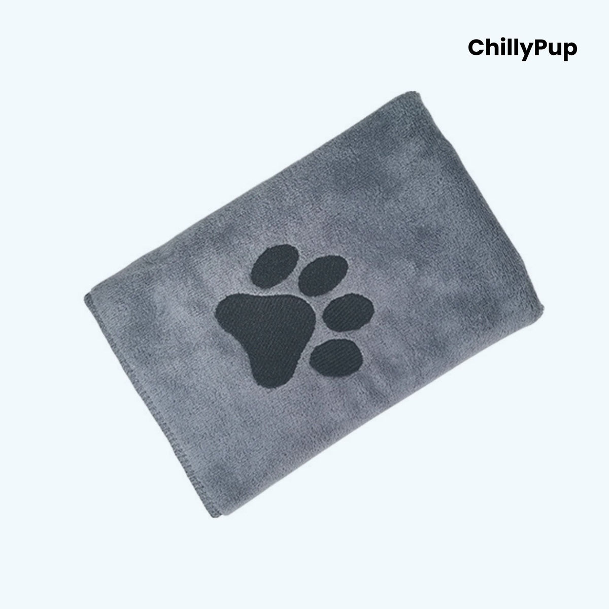 Grey towel with black paw print logo on a white background, branded 'ChillyPup'.