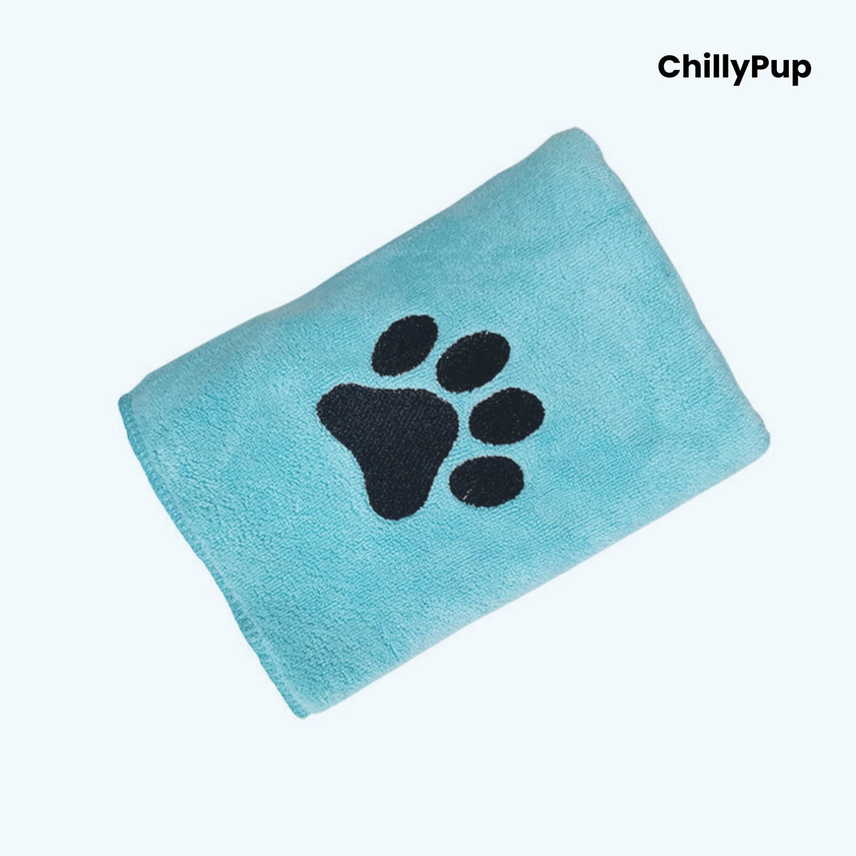 Blue towel with black paw print logo on a white background, branded 'ChillyPup'.