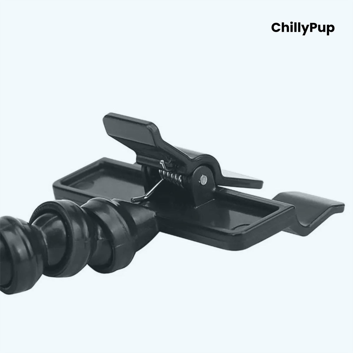 Black pet water bottle holder with 'ChillyPup' branding on a white background