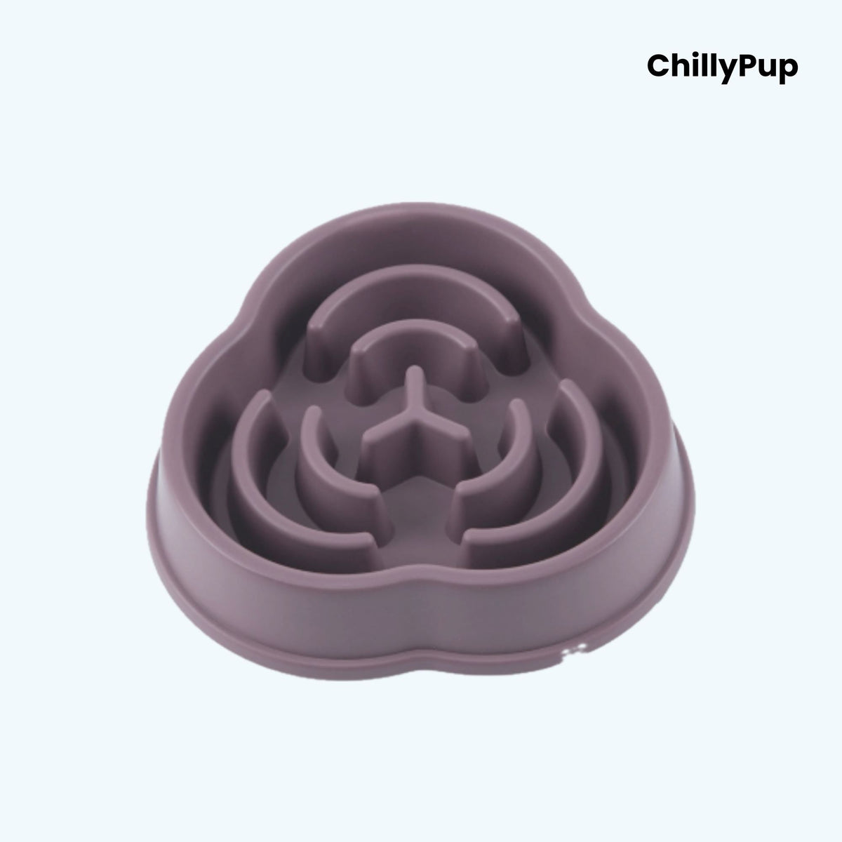 Purple silicone pet bowl with maze design on a light blue background, branded 'ChillyPup'.