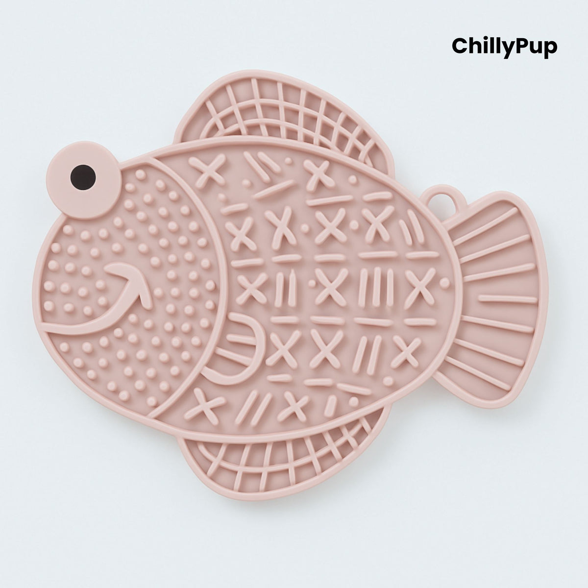 Pink fish-shaped dog lick pad on a white background, branded 'ChillyPup'.