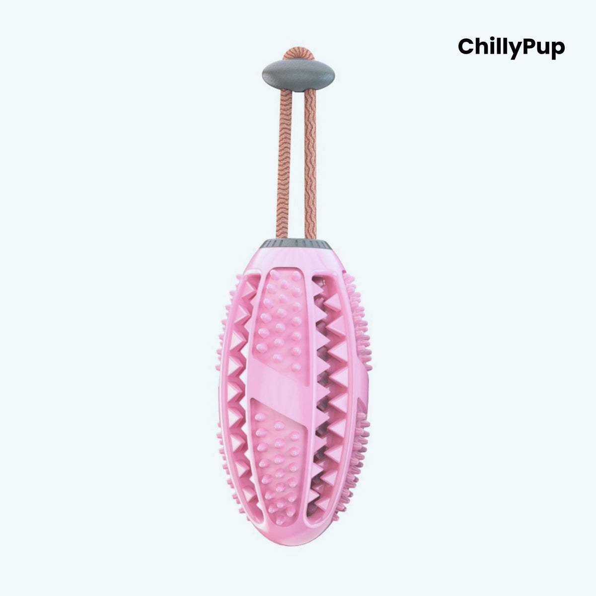 Pink dog toy with textured surface and brown rope on a white background, branded 'ChillyPup'.
