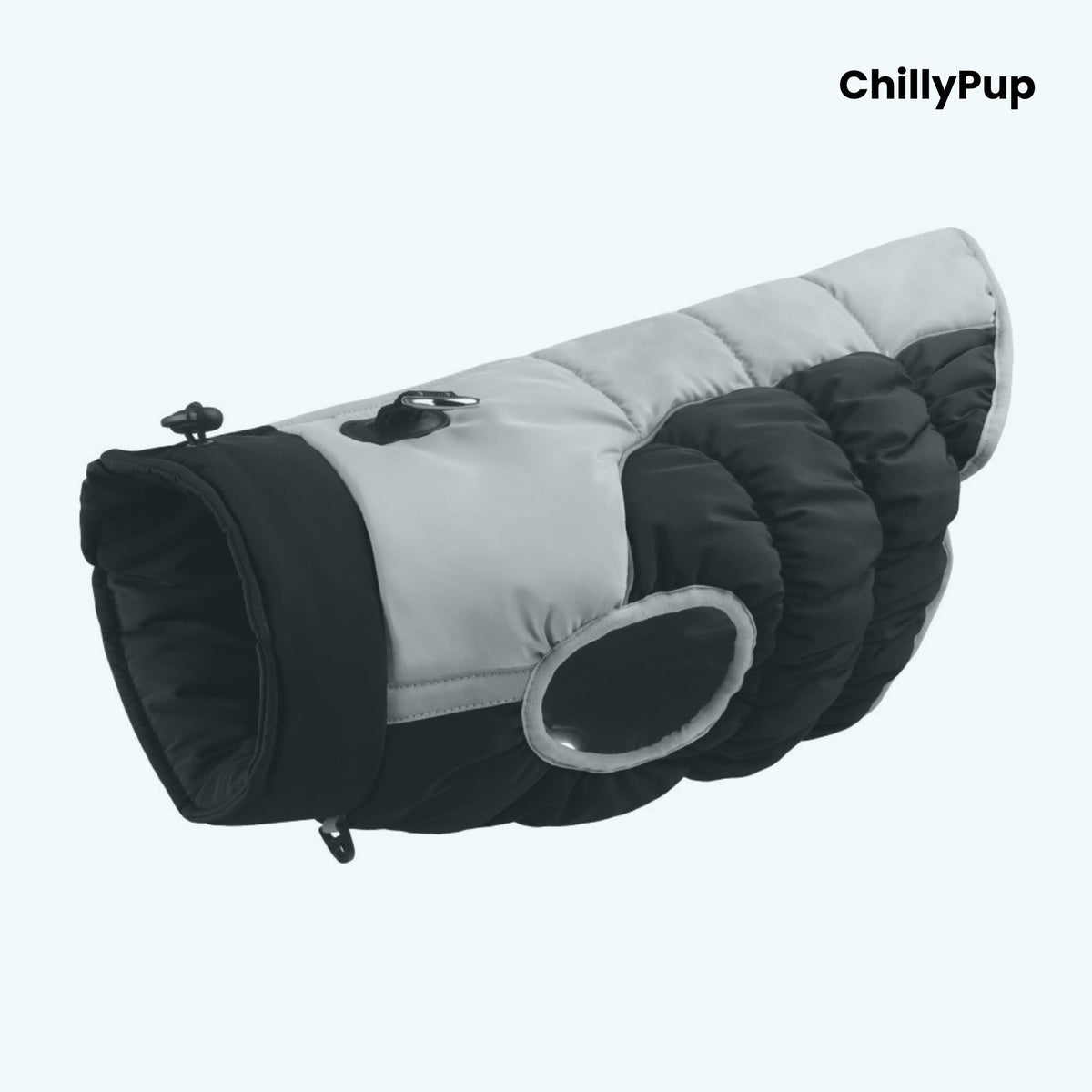 Premium Puffer Dog Coat with Chillypup branding on a white background