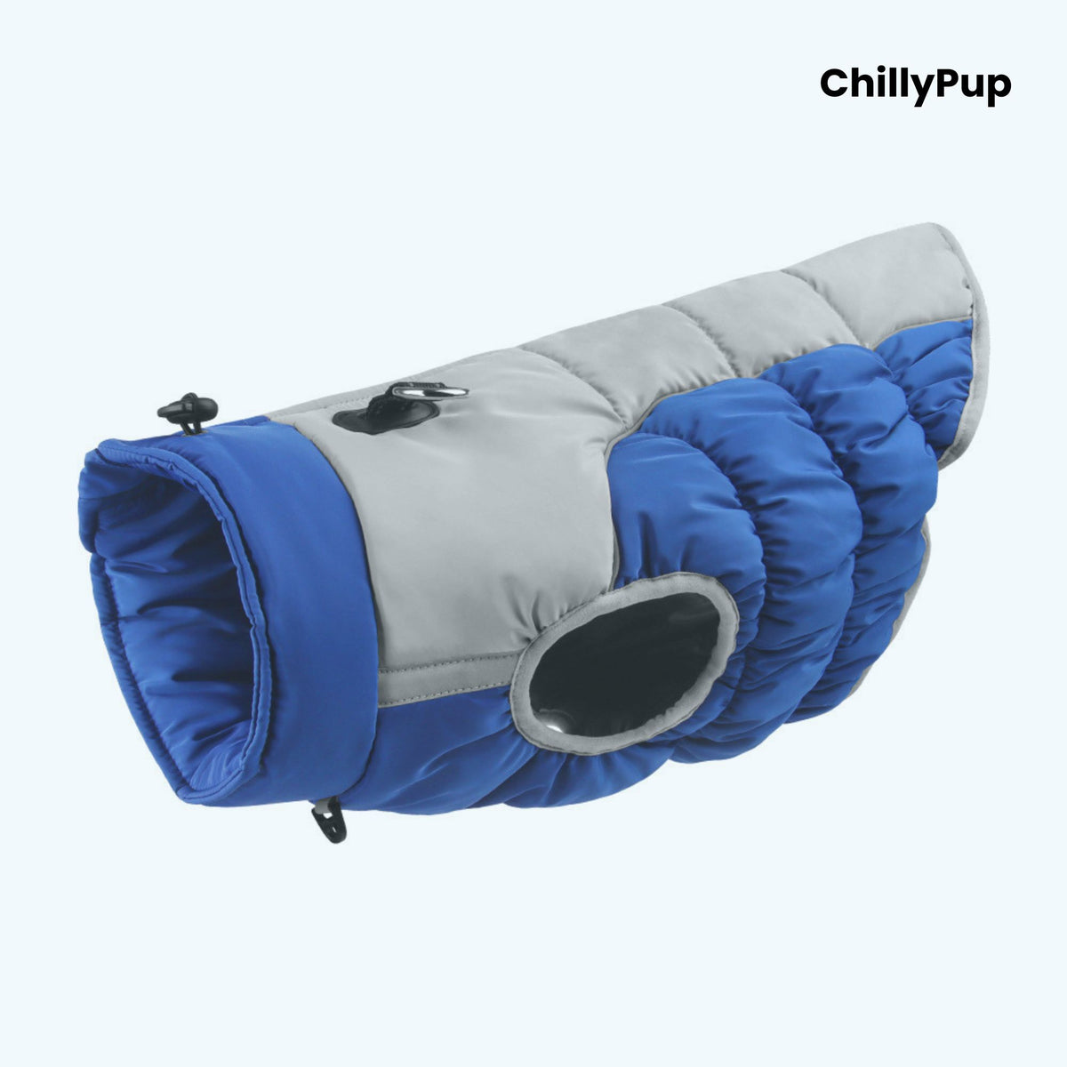 Premium Puffer Dog Coat with Chillypup branding on a white background