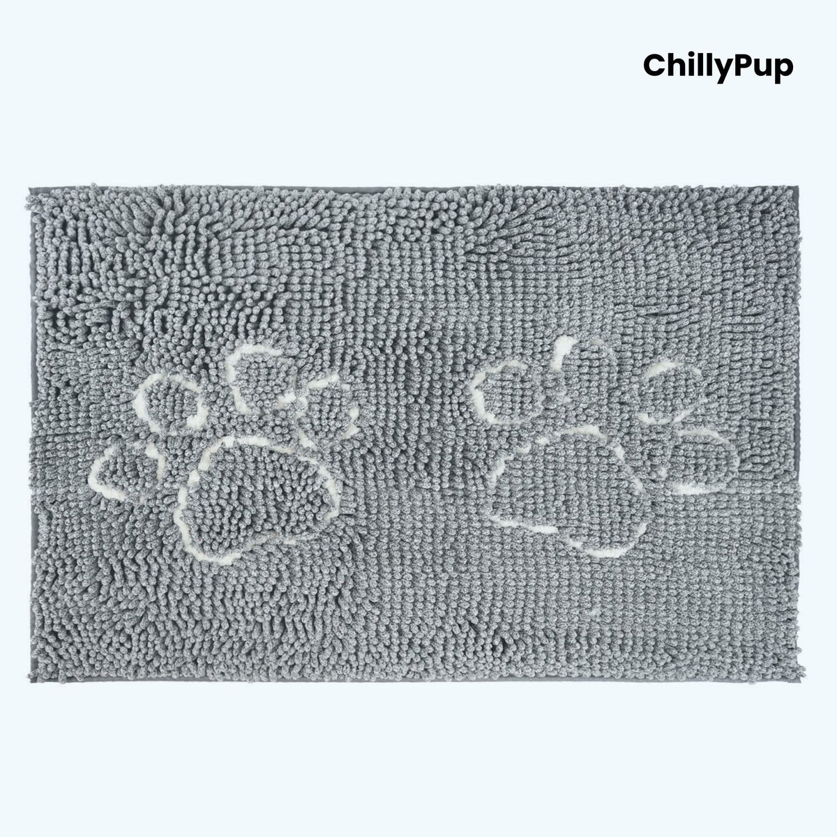 Grey doormat with paw prints and 'ChillyPup' branding on a white background