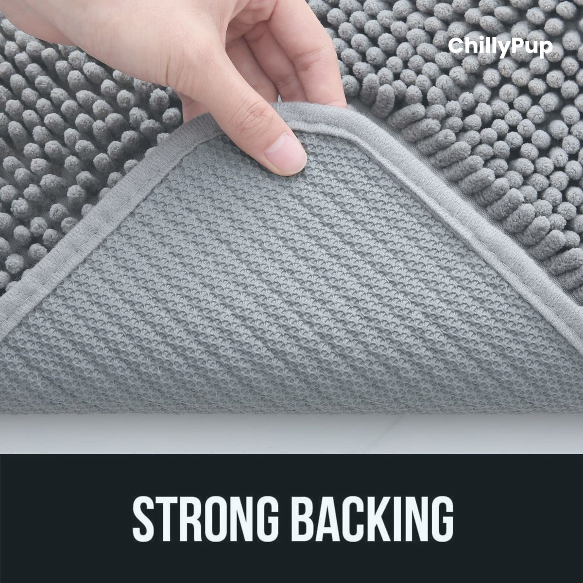 Gray textured mat with a hand lifting a corner, labelled 'ChillyPup' and 'Strong Backing'.
