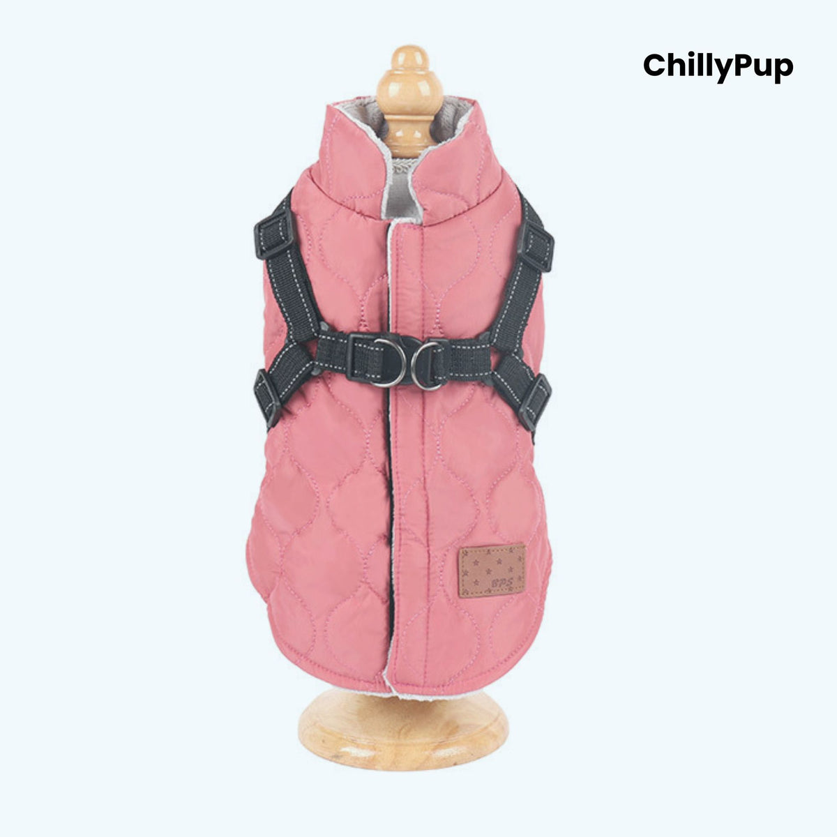 Quilted Comfort Harness Dog Coat  on a white background with Chillypup branding.