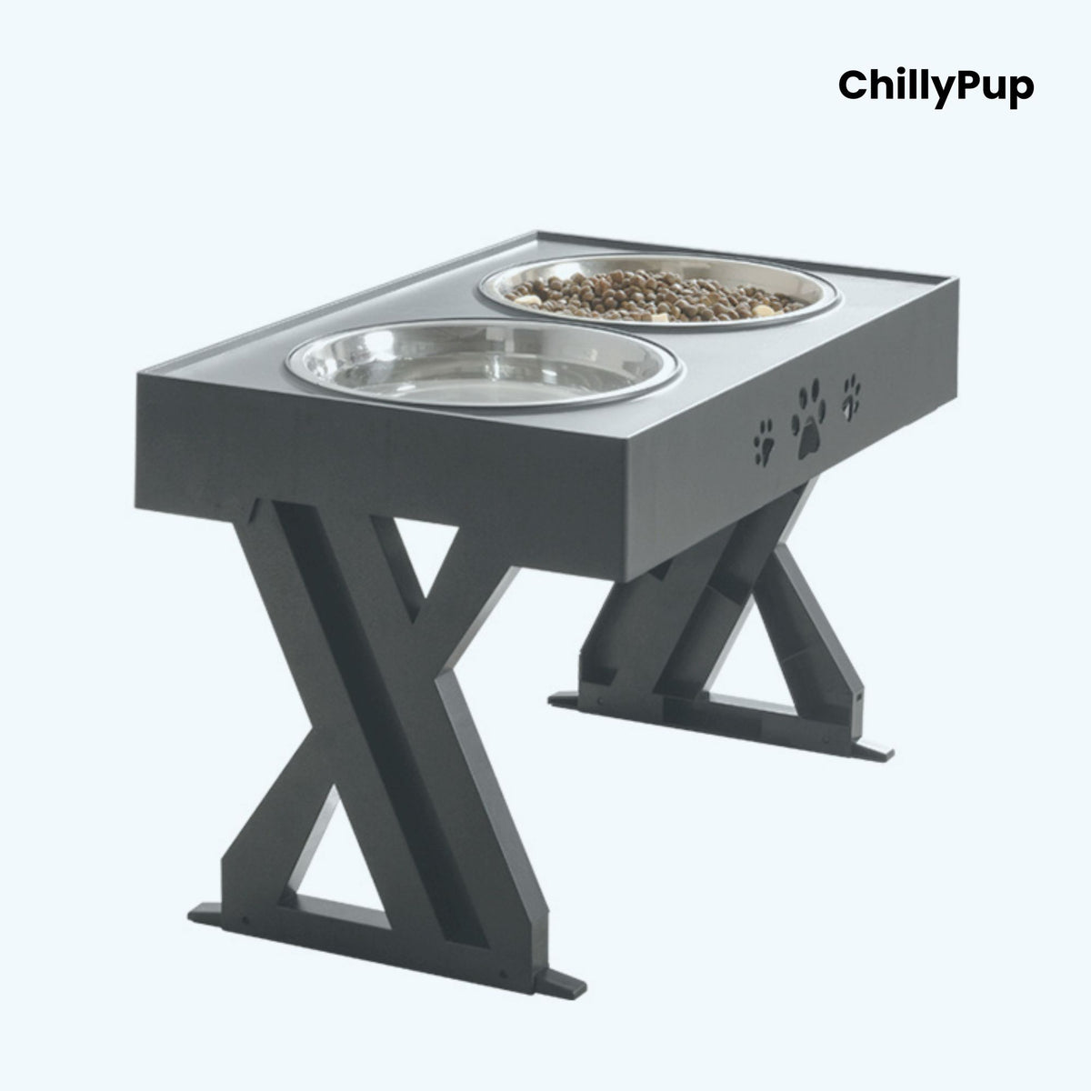 Raised dog feeding station with two bowls on a grey background, branded 'ChillyPup'.