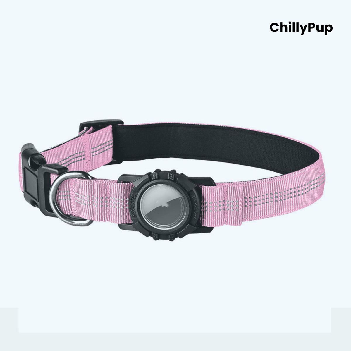 Pink dog collar with a black buckle and reflective strip on a white background, branded 'ChillyPup'.