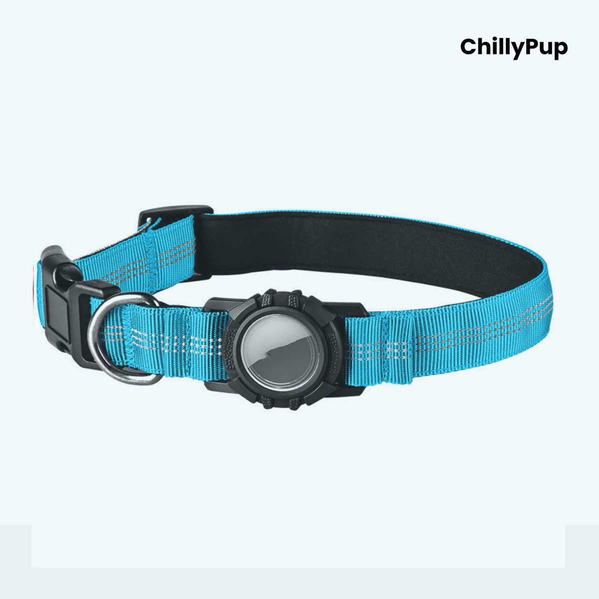 Blue dog collar with a black buckle and reflective strip on a white background, branded 'ChillyPup'.