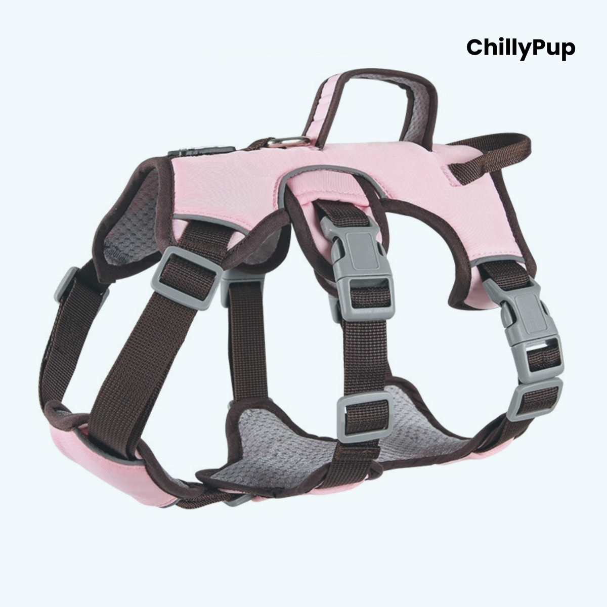 A pink and brown dog harness with grey plastic buckles, shown on a light blue background with the brand name 'ChillyPup' in the top right corner.