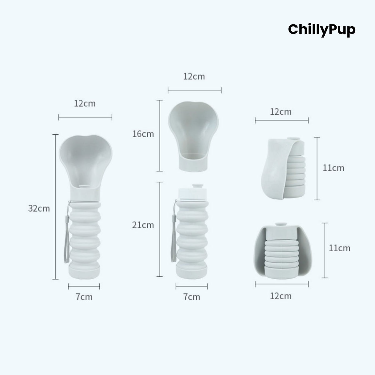 Measurement chart of a ChillyPup foldable silicone water bowl showing various dimensions on a white background.
