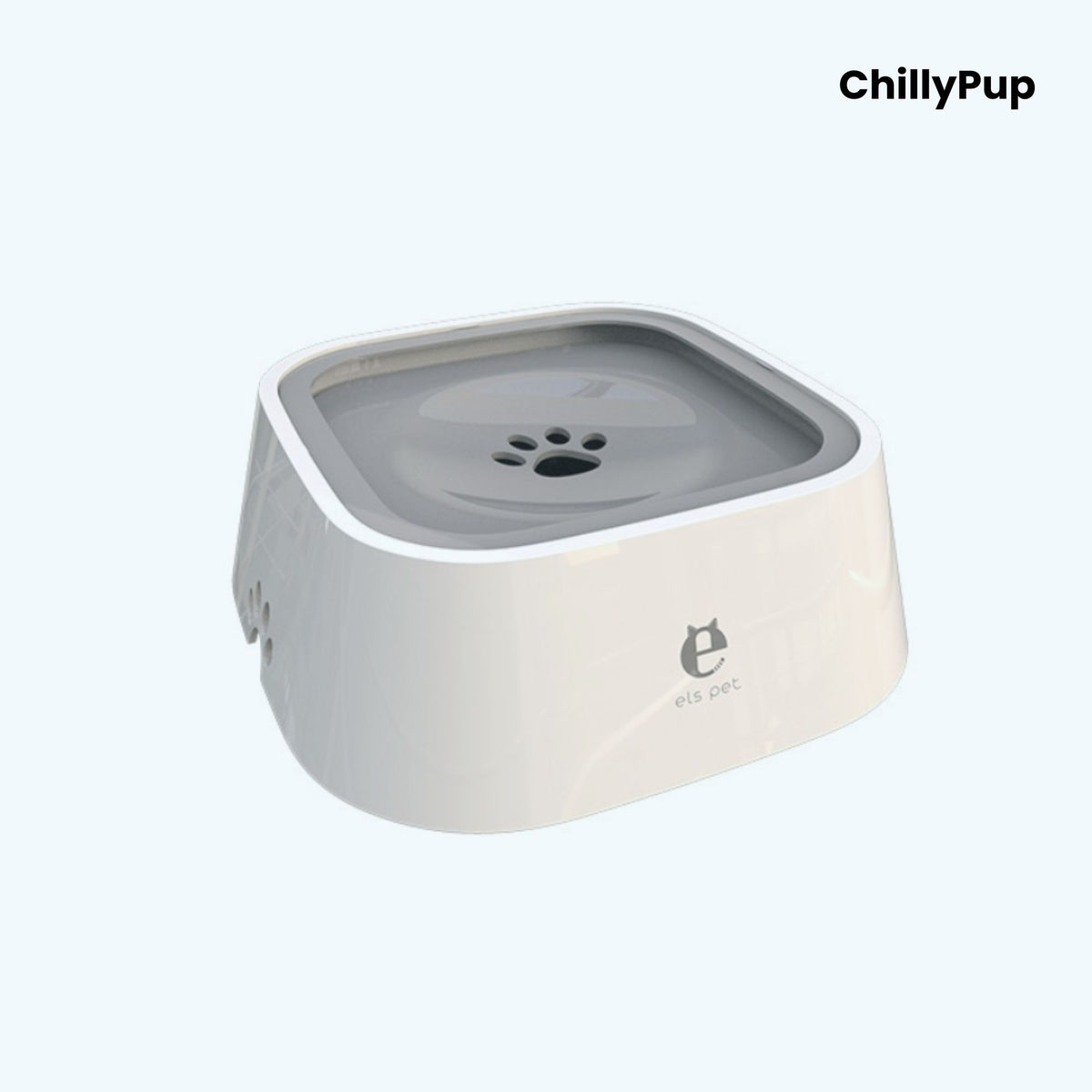 White pet water bowl with 'ChillyPup' branding on a light grey background