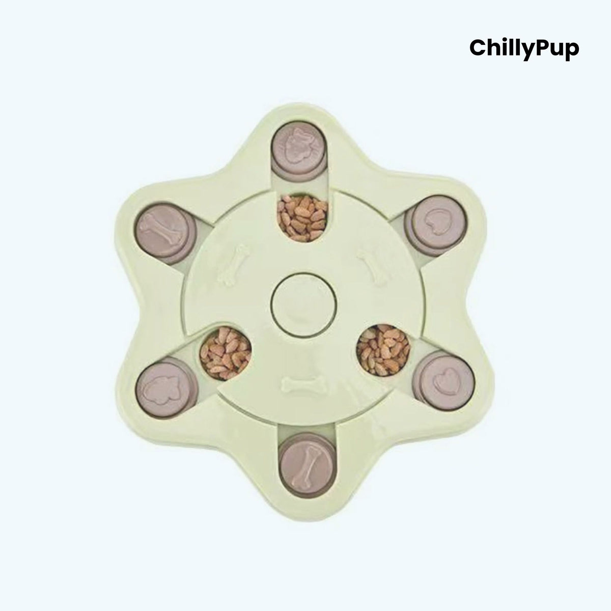 Pet toy with compartments filled with treats on a white background, branded 'ChillyPup'.