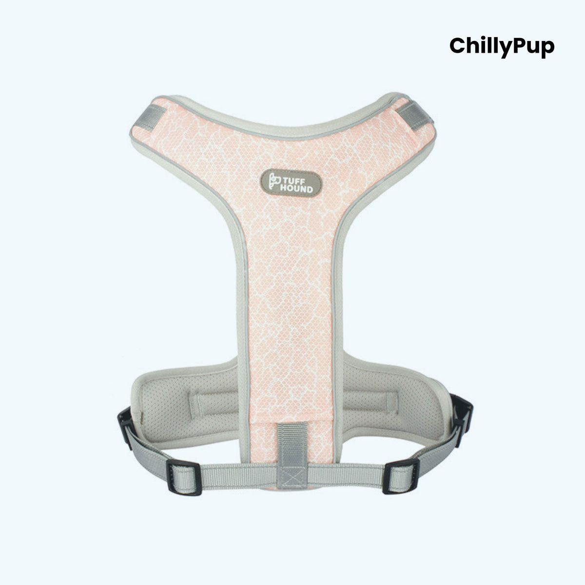 Pink and blue dog harness with 'Tuff Hound' label on a white background, branded 'ChillyPup'.