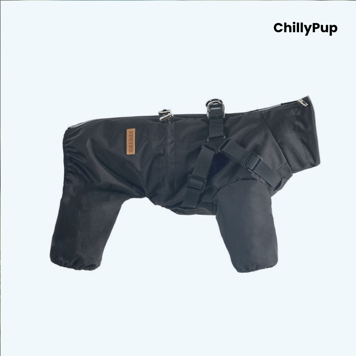 Drizzle Harness Dog Raincoat in Black, full-body waterproof suit with built-in harness