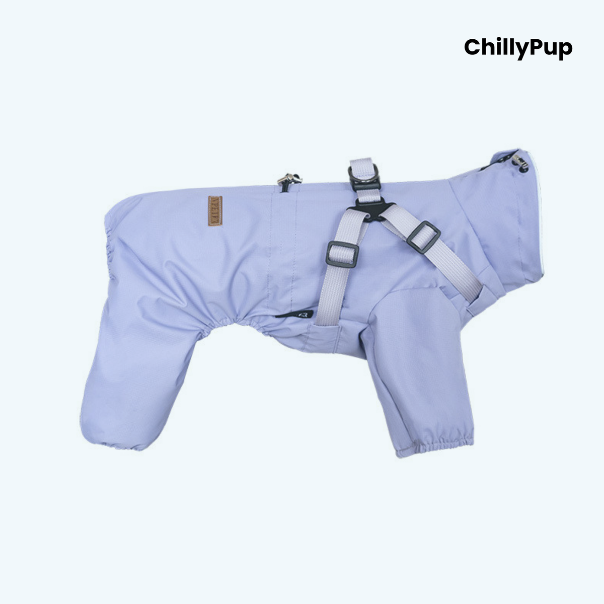 Drizzle Harness Dog Raincoat in Lilac, a full-body waterproof dog suit with built-in harness