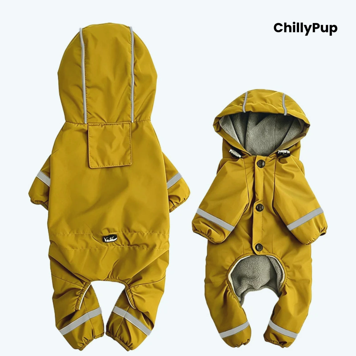 Puddle Jumper Fleece-Lined Dog Raincoat in Mustard, front and back views