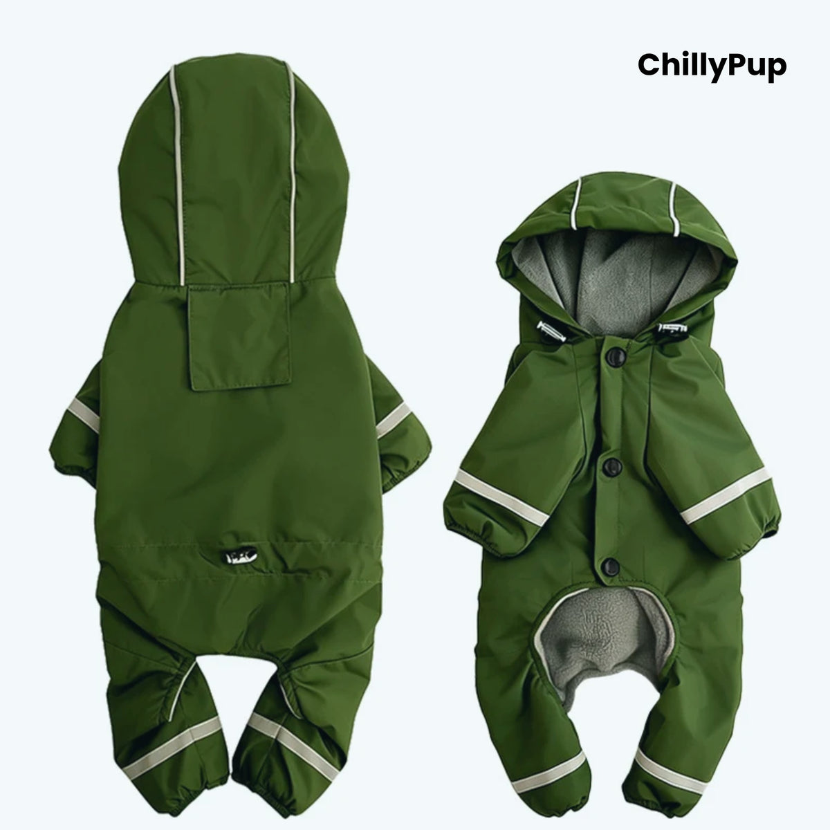 Puddle Jumper Fleece-Lined Dog Raincoat in Olive, front and back views